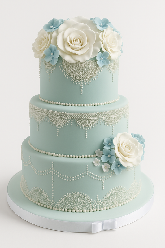 Vintage Lace Aqua Rose Fondant Cake